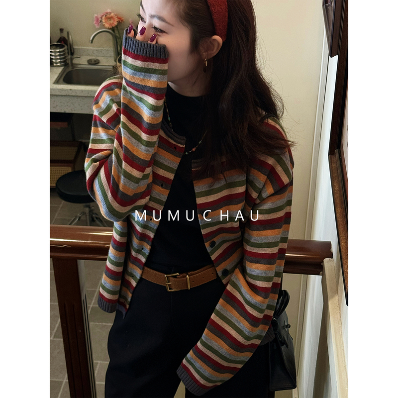 「Mumu Chau」【Rainbow Stripe】Rainbow Women's Autumn Long-Sleeve Round Neck Striped Knit Cardigan Lq68684