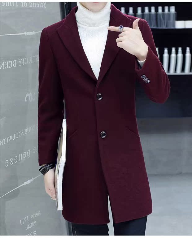 Áo khoác len Hàn Quốc nam dài phần thanh mảnh mỏng Hàn Quốc mùa thu và mùa đông áo gió cashmere áo choàng rượu vang đỏ áo khoác nam hàn quốc