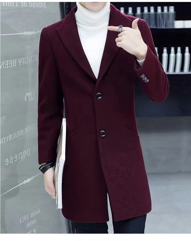 Áo khoác len Hàn Quốc nam dài phần thanh mảnh mỏng Hàn Quốc mùa thu và mùa đông áo gió cashmere áo choàng rượu vang đỏ