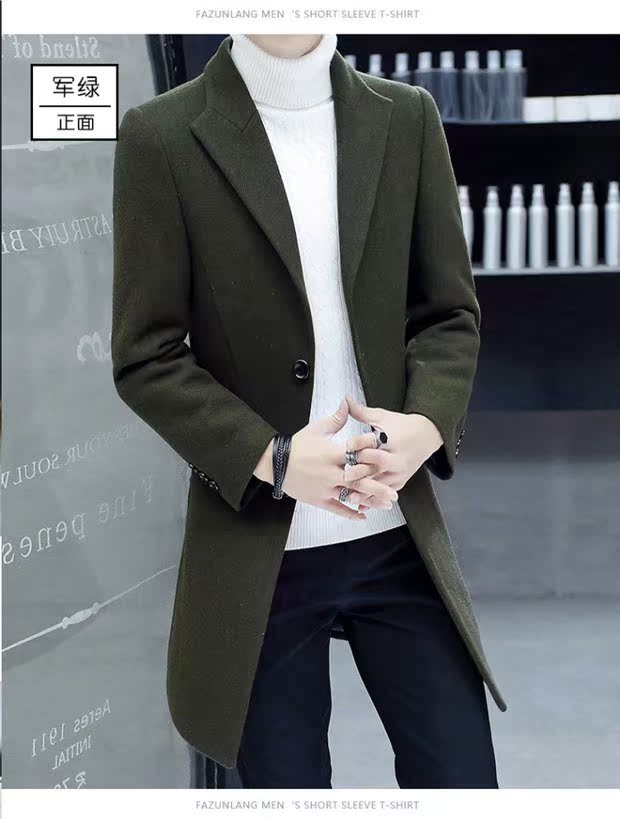 Áo khoác len Hàn Quốc nam dài phần thanh mảnh mỏng Hàn Quốc mùa thu và mùa đông áo gió cashmere áo choàng rượu vang đỏ áo khoác nam hàn quốc