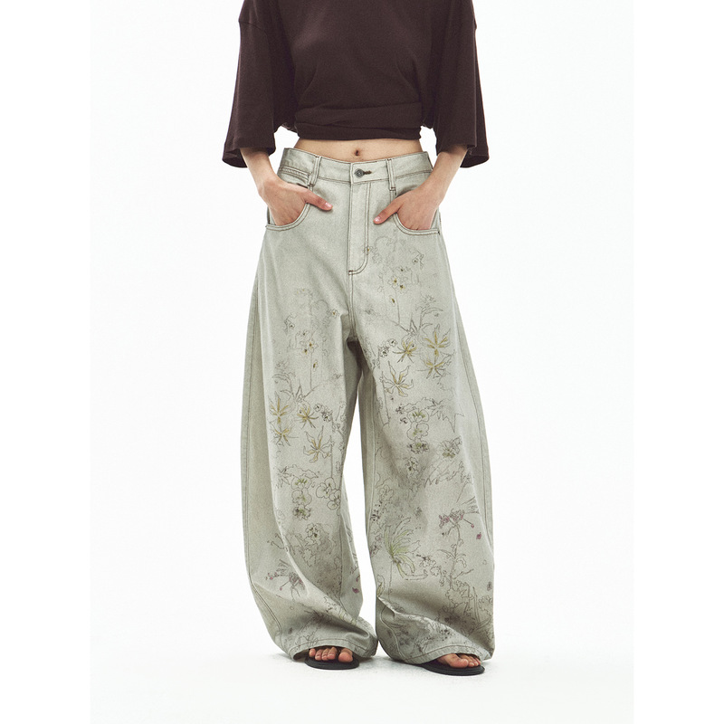 Hello September Black Label Digital Print Cocoon-Shaped Denim Pants for Women V60431