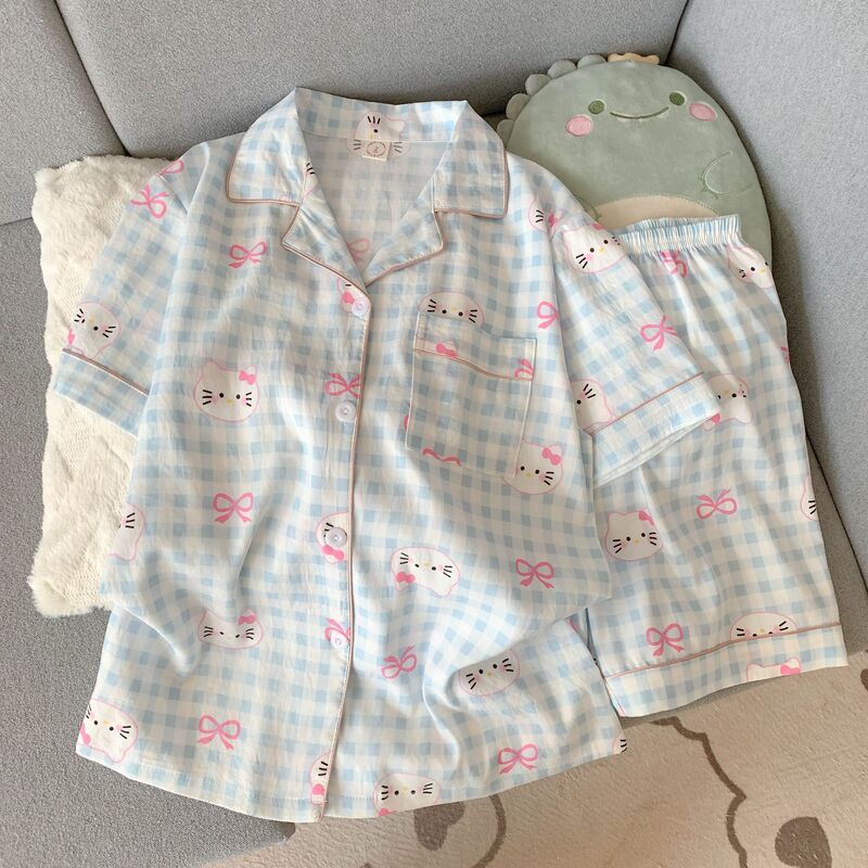 Girls' Summer Short-Sleeved Shorts Student Bow Tie Kt Cat Cloud Cotton Sleepwear Cartoon Cute Home Wear Two-Piece Set