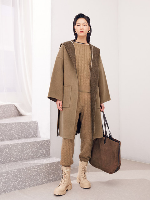 Rong Rong Jia/Heavy grain corrugated tweed two-sided tweed/Brown loose drop shoulders sleeve mid-length hooded cashmere coat