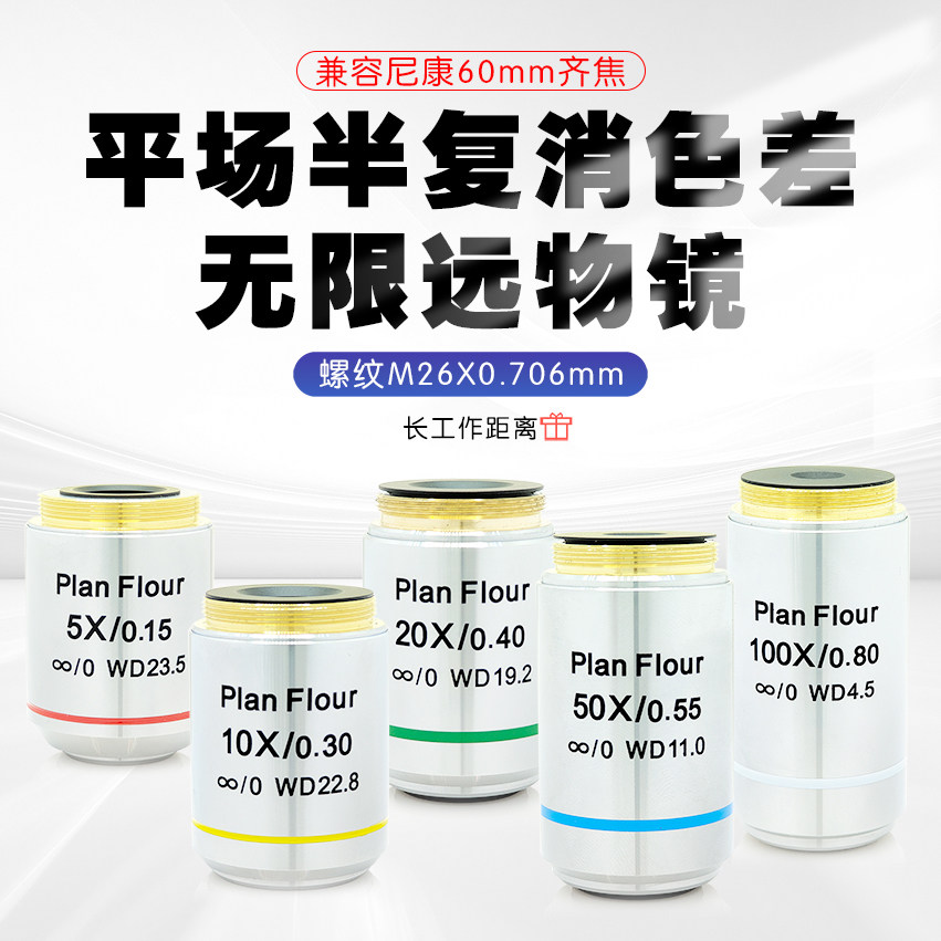 金相平场半复消色差无限远长工作距离物镜60mm齐焦可替代尼康物镜