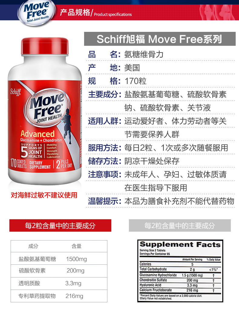 保税美国原装Schiff Move Free氨糖软骨素维骨力红瓶170粒/2瓶 产品信息 第3张 保税美国原装Schiff Move Free氨糖软骨素维骨力红瓶170粒/2瓶 产品信息 第3张