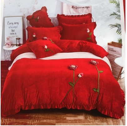Large Red Wedding Celebration Winter Bifacial Thickened Warm Crystal Suede Solid Flowers Flannel Velvet Milk Suede 4 pieces