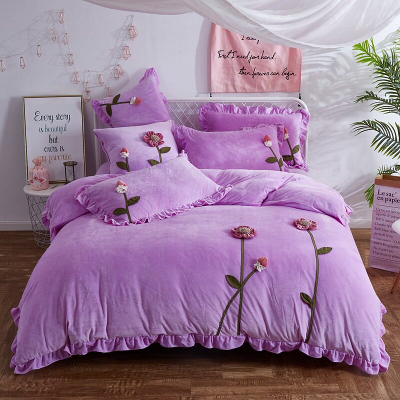 Autumn Winter Warm Crystal Suede Handcrafted Solid Floral Flannel Velvet Milk Suede Coral Suede Thickened cover Quilt Cover Four Pieces