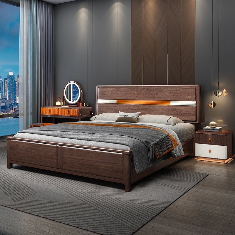 Modern minimal walnut light luxury wood bed New Chinese double bed 1 8m single bed 1 5m master wedding bed