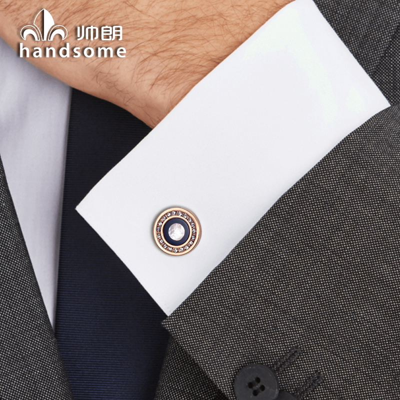 Round rose gold cufflinks inlaid with white diamonds Shell black agate sleeve nails Men's cuff buckle French shirt buckle Gift box