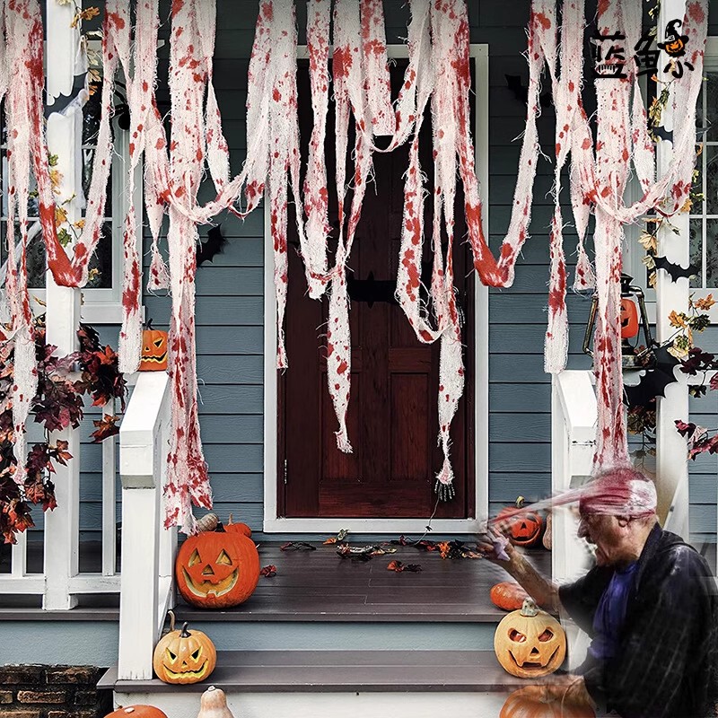 Halloween Horror-Themed Scene Setup Bandage Haunted House Decoration Door Curtain with Blood-Stained Gauze Caution Tape Isolation Tape
