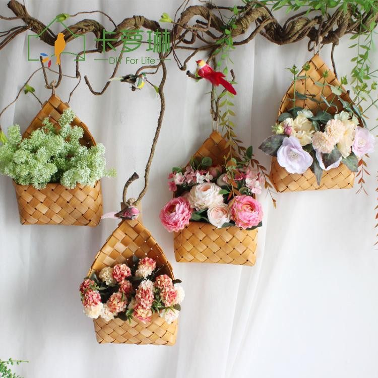 Wood Woven Hangings Wall Emulation Floral Decoration Kitchen Flowers Basket Hanging Basket Wood Chicking Basket Lifting Basket Handmade Containing Basket