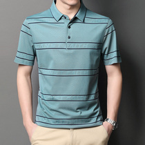 NGR high end lapel polo shirt mens summer thin short sleeve T-shirt middle-aged striped Tencel mulberry silk print top