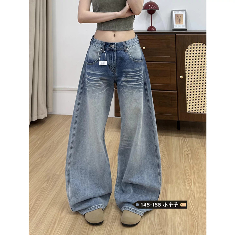 Petite American-Style High Street Scimitar Jeans for Women with Vintage Design, Low Waist, Loose Fit, Slimming, Casual Wide-Leg Pants