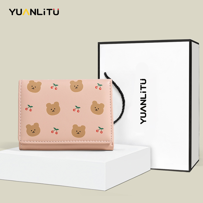 Yuanli Rabbit Little Bear Cherry Print Short Wallet for Women 2026 New Cute Portable Card Holder Coin Purse