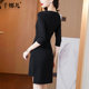 Irregular dress spring 2024 new women's black long-sleeved v-neck mid-length slim slim little black skirt