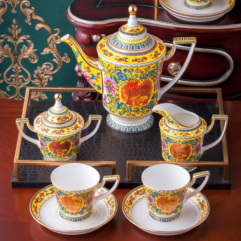 Classical key-2 luxury European - style colored enamel ipads porcelain coffee cup with Chinese style living room home in the afternoon tea set gift boxes