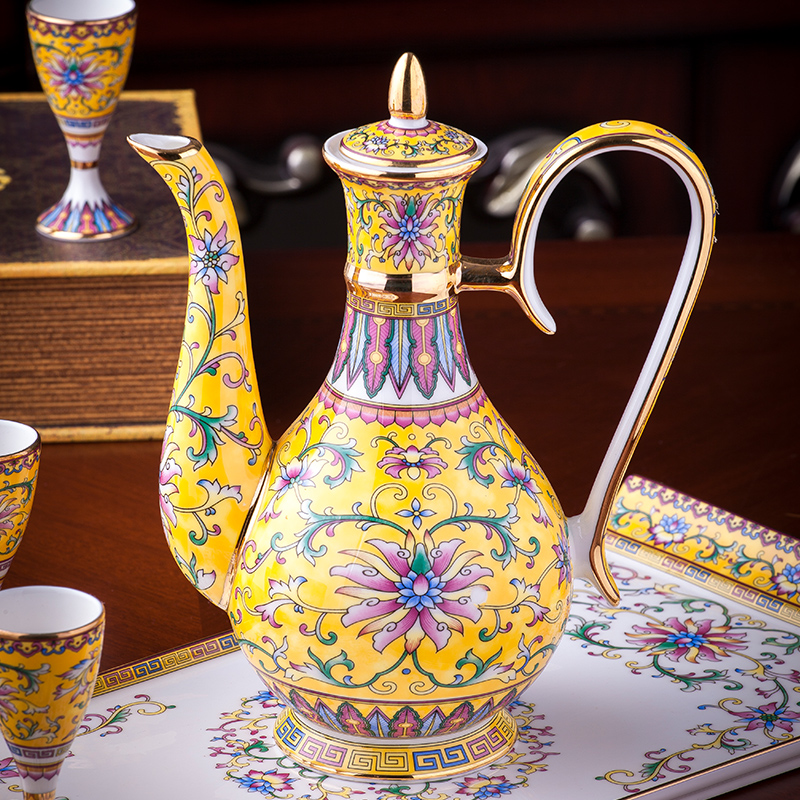 Colored enamel wine home jingdezhen Chinese antique gift set goblet ceramic wine pot rice wine liquor cup