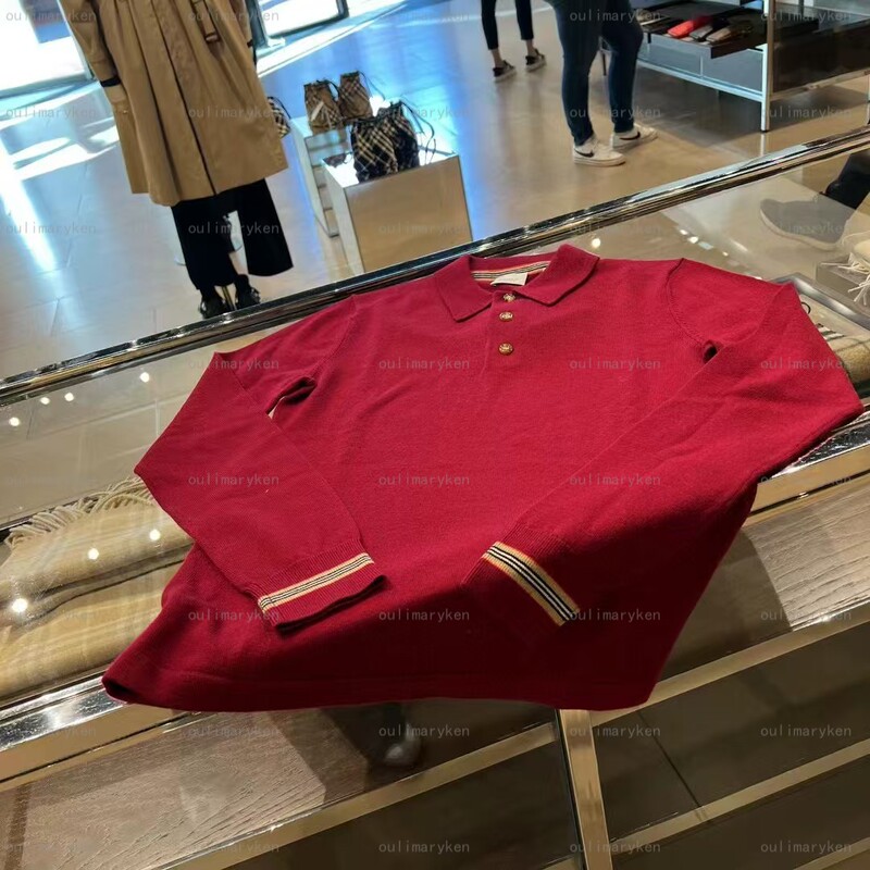 Italian Outlet Burberry Men's Polo Collar 100% Wool Knit Sweater Burgundy Color XS Size