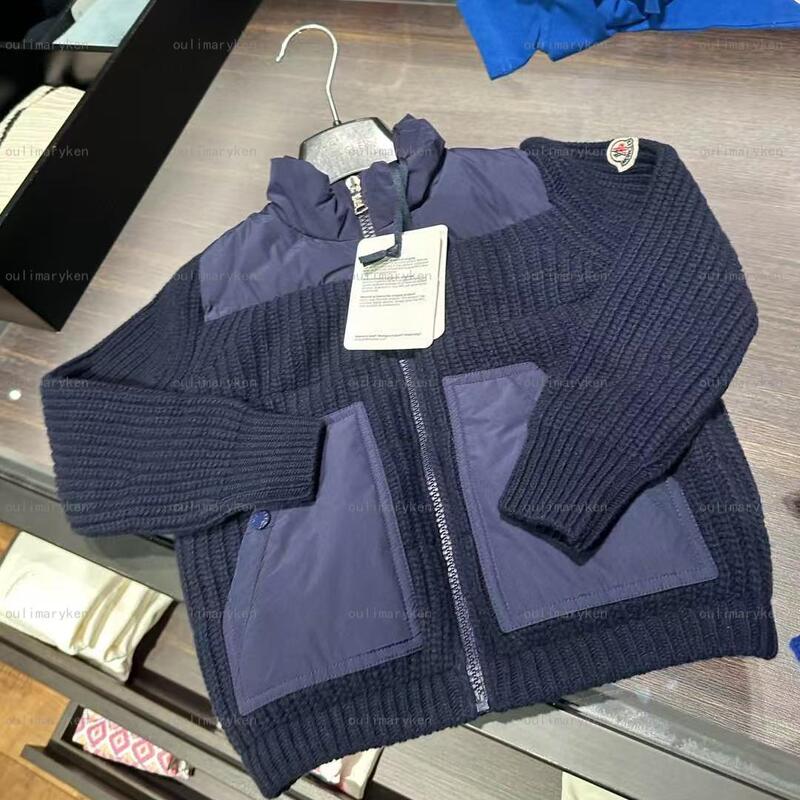 Italian Outlet Moncler Girls' Wool Stand-Up Collar Knitted Patchwork down Jacket, Dark Blue, Sizes 4, 6, 8A Years Old