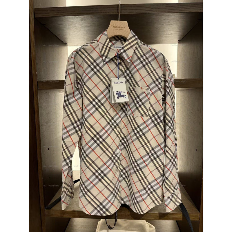 Italian Outlet Burberry Women's Long-Sleeved Shirt Classic Plaid Khaki Uk8 10 Size