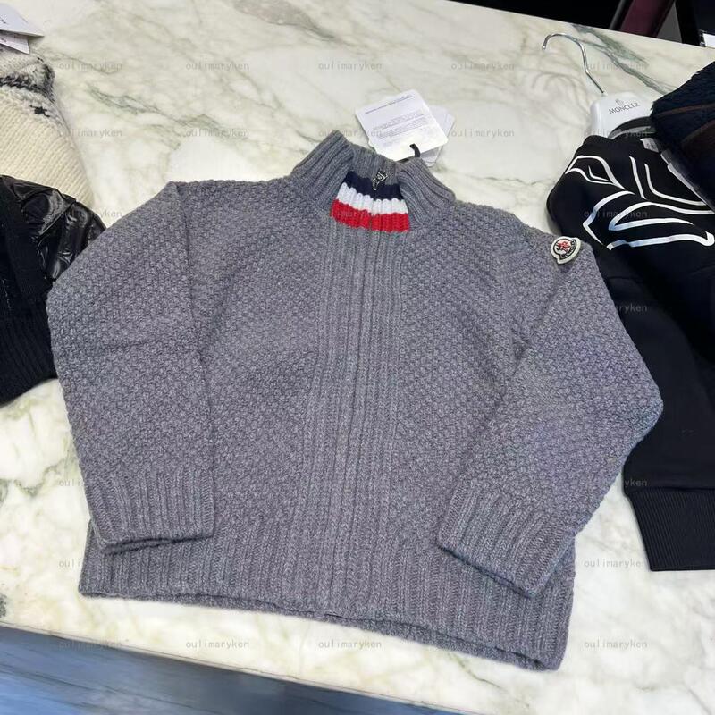 Italian Outlet Moncler Boys' 100% Wool Knit Cardigan Jacket, Gray, 10 Years Old