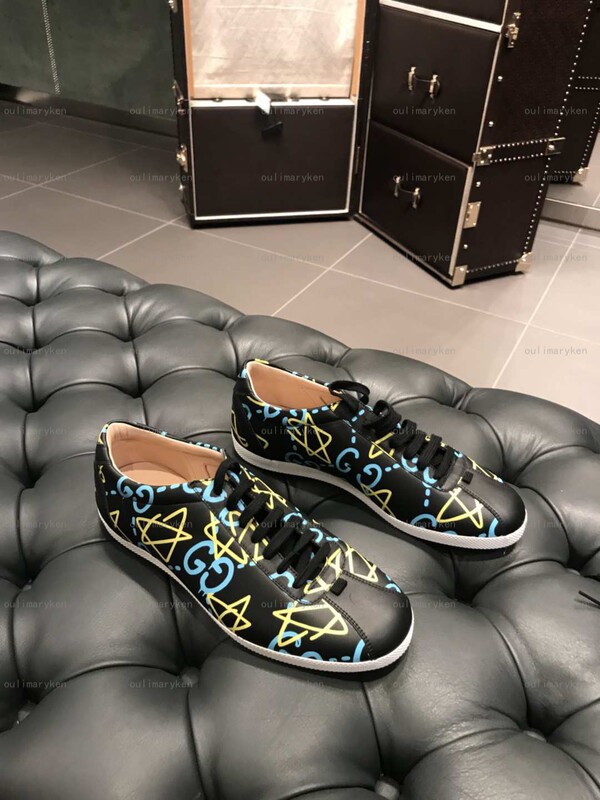 Italian Outlet Gucci Men's Genuine Leather Graffiti Casual Shoes, Black, Size 41.5