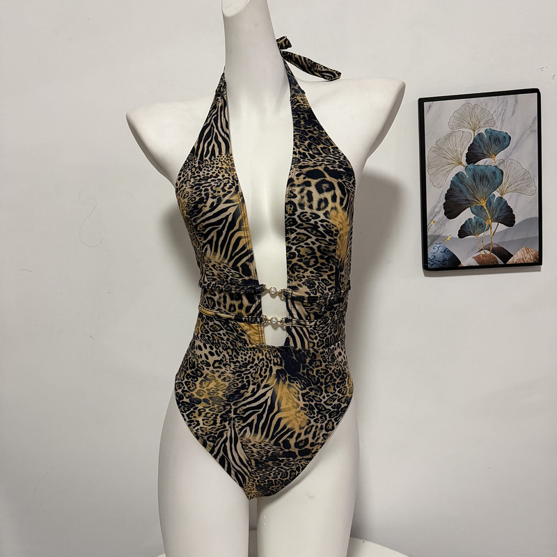 European and American Style Sexy Deep V Low-Cut Leopard Print One-Piece Swimsuit with Halter Neck, Tie-Up, High-Cut Triangle Backless Swimwear for Beach Swimming