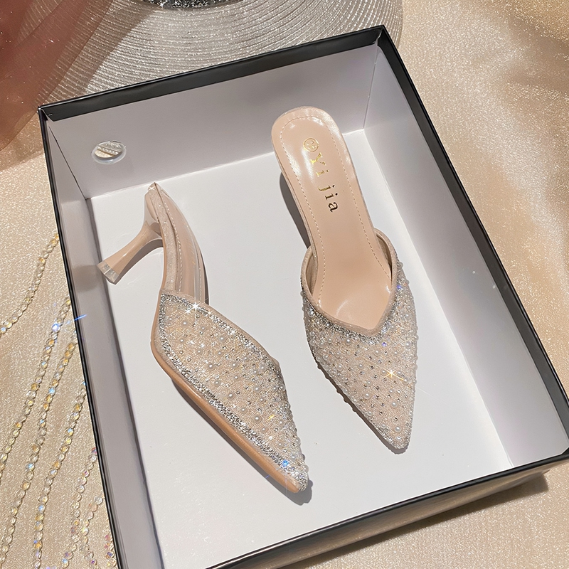 Women's Summer Open-Toe Slippers 2026 New Style High-Heeled Pointed Toe Stiletto Sandals Fashionable Half-Slippers with Rhinestones Women's Shoes Women's Summer Open-Toe Slippers 2026 New Style High-Heeled Pointed Toe Stiletto Sandals Fashionable Half-Slippers with Rhinestones Women's Shoes