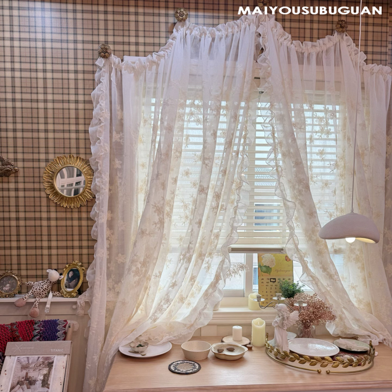 Original Retro Dome Curtain Made of Pure Cotton with Embroidery, Handmade Ruffled Partition Curtain, Door Curtain, Sheer Curtain