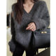 Soft and waxy inner thickened dark gray mink velvet knitted top for women in autumn and winter, gentle and lazy style V-neck sweater