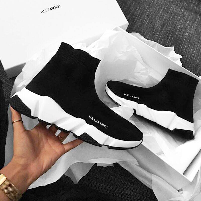 2019 spring new elastic socks shoes women's breathable men's and women's high tube two-color soft bottom inner heightening knitted shoes women