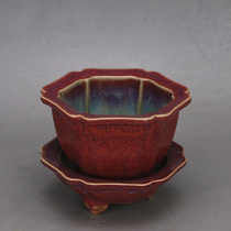 Song Dynasty Jun kiln red glaze multi-sided sunflower mouth flower pot antique porcelain retro home decoration ancient rack soft furnishings