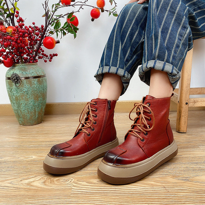 Autumn and winter retro round head headlayer cow leather midbarrel boot Inn van dermis Martin boot thick bottom lace with big head short boot