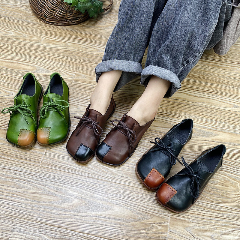 Retro Women Shoes 2022 Autumn Style Casual Flat Bottom Shoes Lace Flat Heel Women Single Shoes Collage Handmade Leather Soft Bottom Soft Face