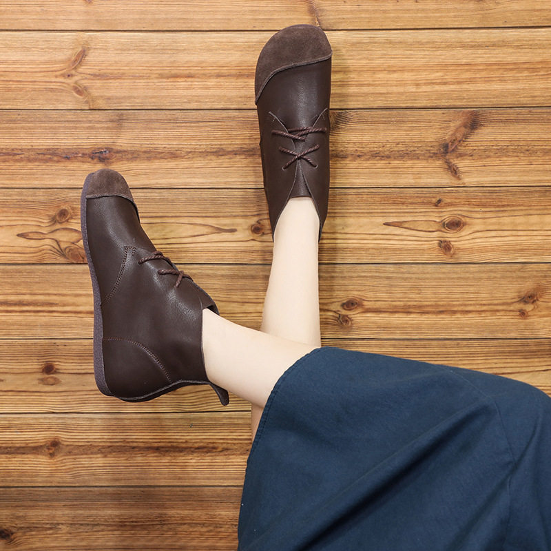 Autumn style women's shoes 2021 genuine leather Martin boots female art retro collage beef tendon bottom lace with flat bottom short boots female