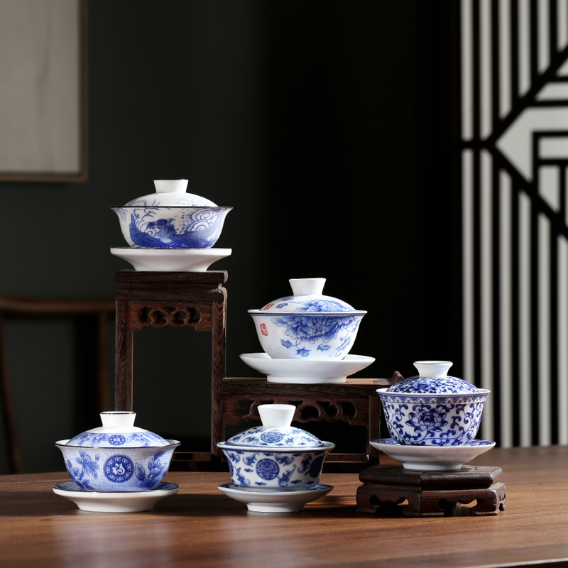 Single Ultra-Thin Lidded Bowl, Large and Small, Blue and White Porcelain Tea Brewing Vessel, Kung Fu Three-Piece Bowl with Lid, Tea Set Accessories for Home Use