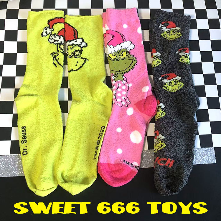 Foreign Order Christmas Monster Grinch Green Fur Monster Cartoon Socks Mid-Calf Socks Plush Socks Size 39-44
