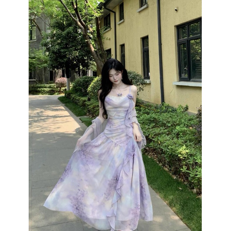 Plus-Size Fat Girl's Elegant Bell-Sleeve 2026 Early Spring New Style Stunning Atmospheric Purple Gradient Slimming Dress