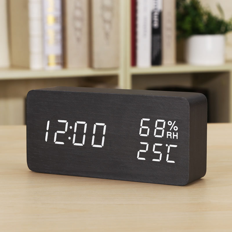 Fashion LED creative electronic clock Luminous silent alarm clock Temperature and humidity meter Student bed clock Wooden seat clock