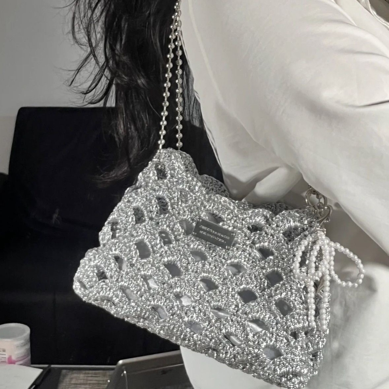 1mm Silver Thread ins Same Style Fever Core-Spun Braided Yarn DIY Crochet Handmade Summer Fan-Shaped Water Ripple Bag