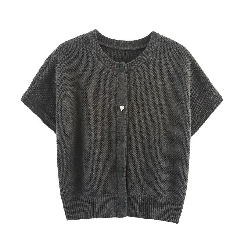 Minimalist Style Round Neck Short-Sleeved Knitted Cardigan Women's Buttoned Short Sweater Jacket Vest