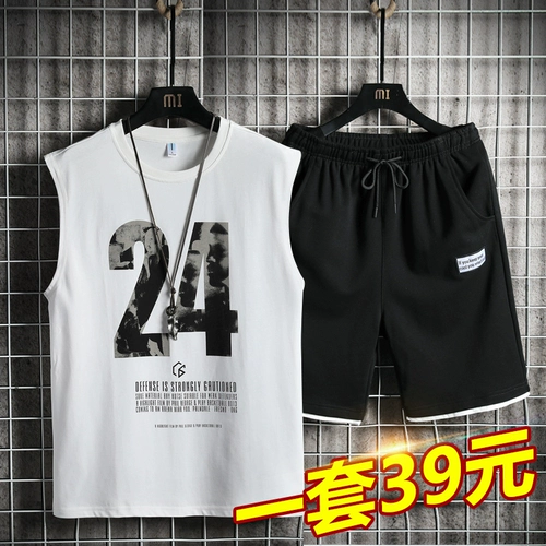 Хлопковый жилет без рукавов, мужской летний комплект, трендовые модные шорты, в корейском стиле, короткий рукав