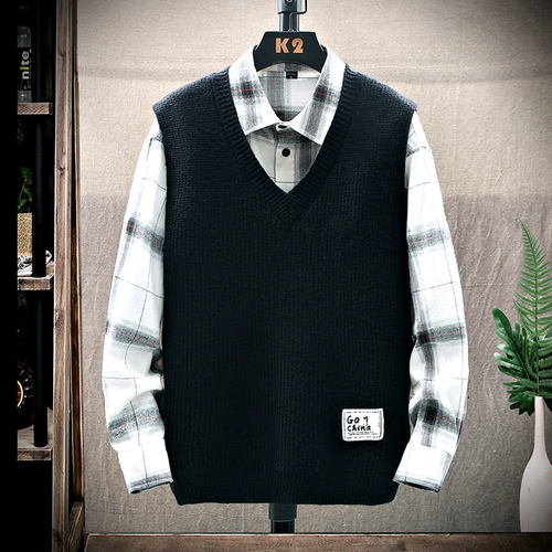 Демисезонный свитер, термобелье, трендовый жилет без рукавов, V-образный вырез, оверсайз, увеличенная толщина, в корейском стиле