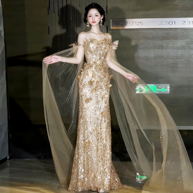 Heavy-Duty Strapless Gold Toast Dress for the Bride, High-End Fishtail Skirt, Light Luxury Banquet Host Sequin Evening Dress for Women Heavy-Duty Strapless Gold Toast Dress for the Bride, High-End Fishtail Skirt, Light Luxury Banquet Host Sequin Evening Dress for Women