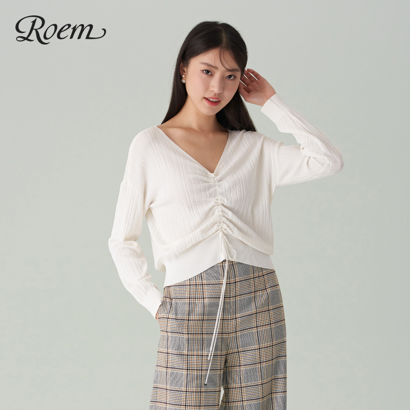 Roem Fall phụ nữ thời trang V-cổ Rope Trim áo len dài tay áo đan áo len RCKW93802L