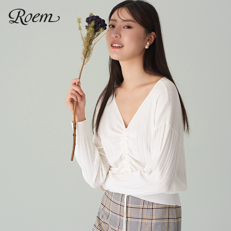 Roem Fall phụ nữ thời trang V-cổ Rope Trim áo len dài tay áo đan áo len RCKW93802L