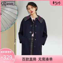 Roem spring popular jacket womens striped mid-length gentle retro woolen coat temperament slim-fit sweet windbreaker