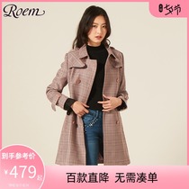 Roem womens British windbreaker jacket multi-button design plaid slim lady top RCJT96101B