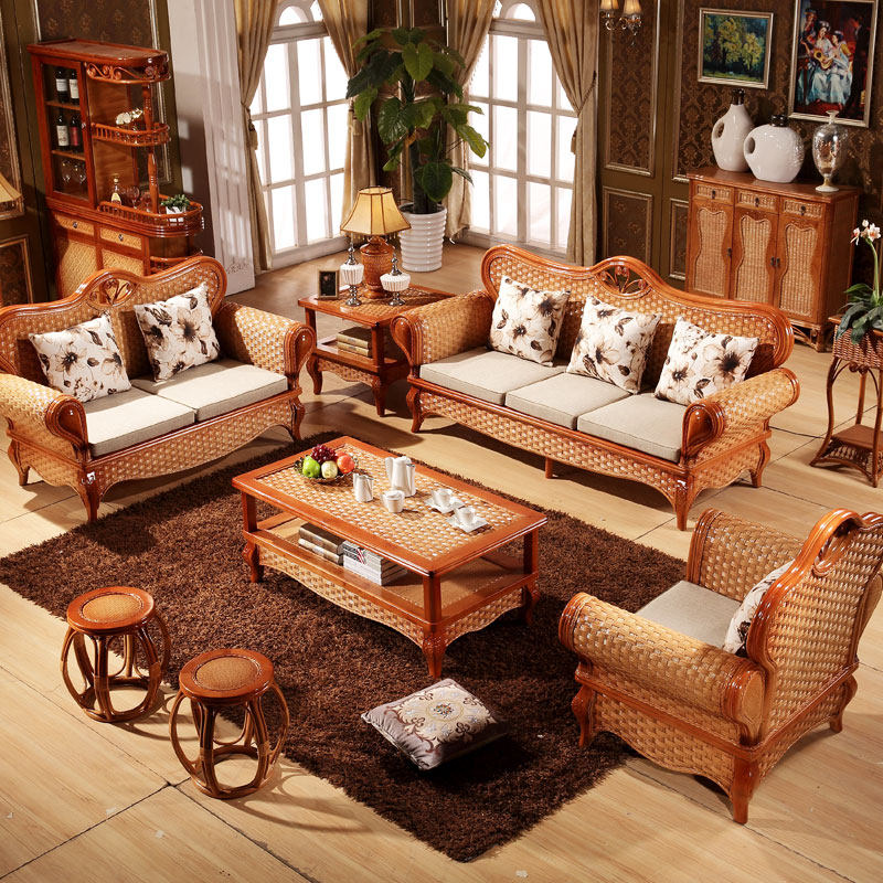 Rattan sofa living room combination rattan chair sofa five-piece set rattan sofa solid wood sofa rattan sofa rattan furniture
