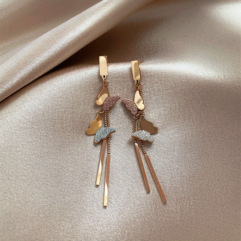 Frosted butterfly earrings female tide titanium steel alloy tassel earrings do not fade hypoallergenic earrings fashion all-match sexy